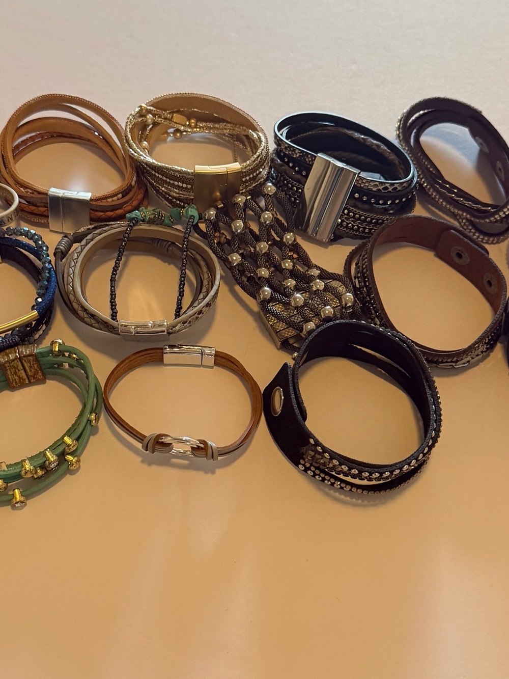 Vintage Leather Multi Strand Magnetic Bracelet Collection Bundle Lot 14
